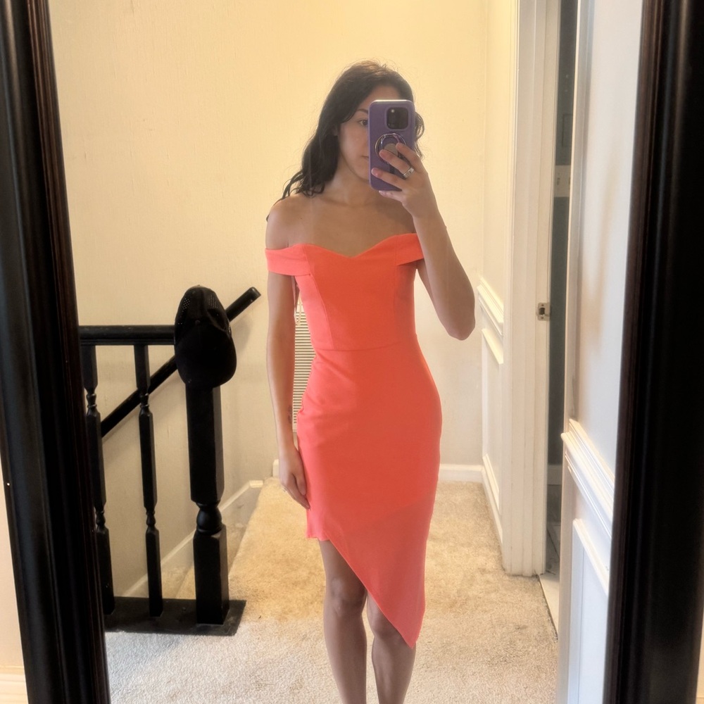 Neon Coral Off-Shoulder Asymmetrical Mini Dress